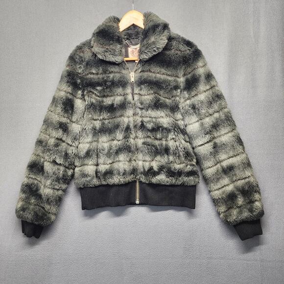 Juicy Couture Jackets & Blazers - Juicy Couture Jacket Womens Medium Gray Black Faux Fur Bomber Zip Up Y2K Glam